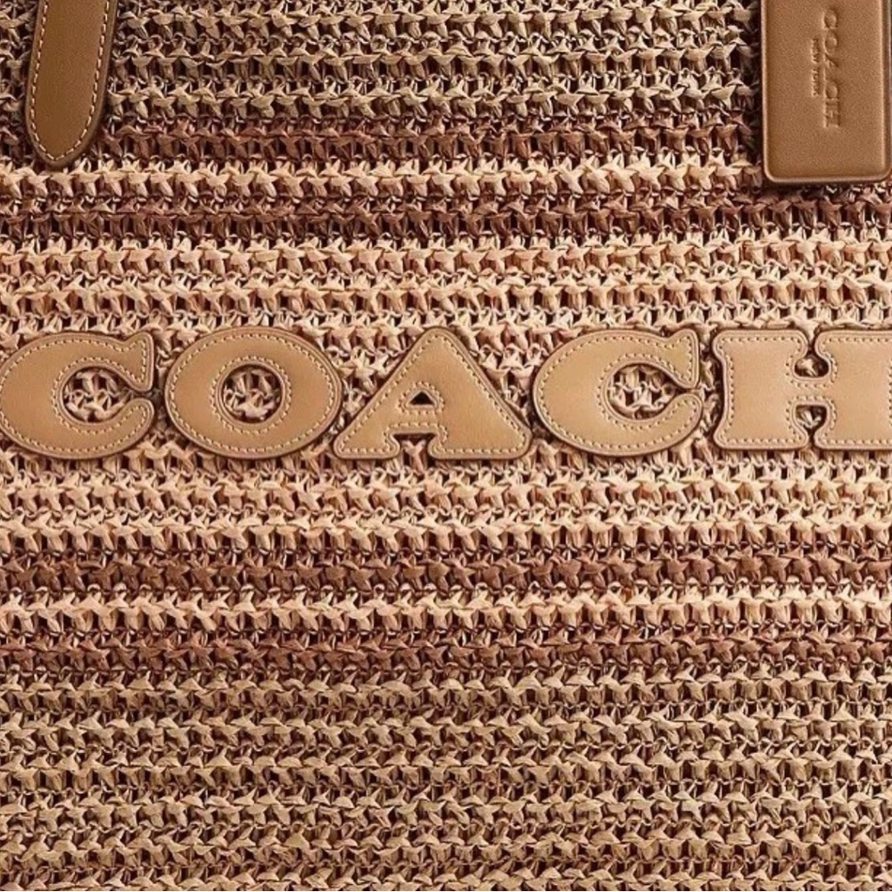 NWT COACH Straw and smooth leather City Tote Bag CBG87 Im/Honey Brown Multi - Picture 3 of 11